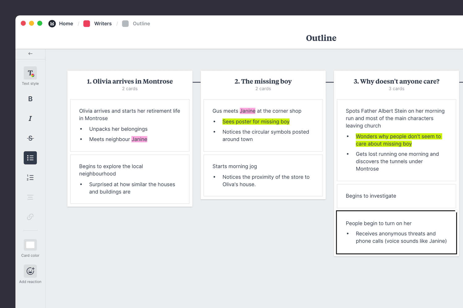 Key events in a novel outline