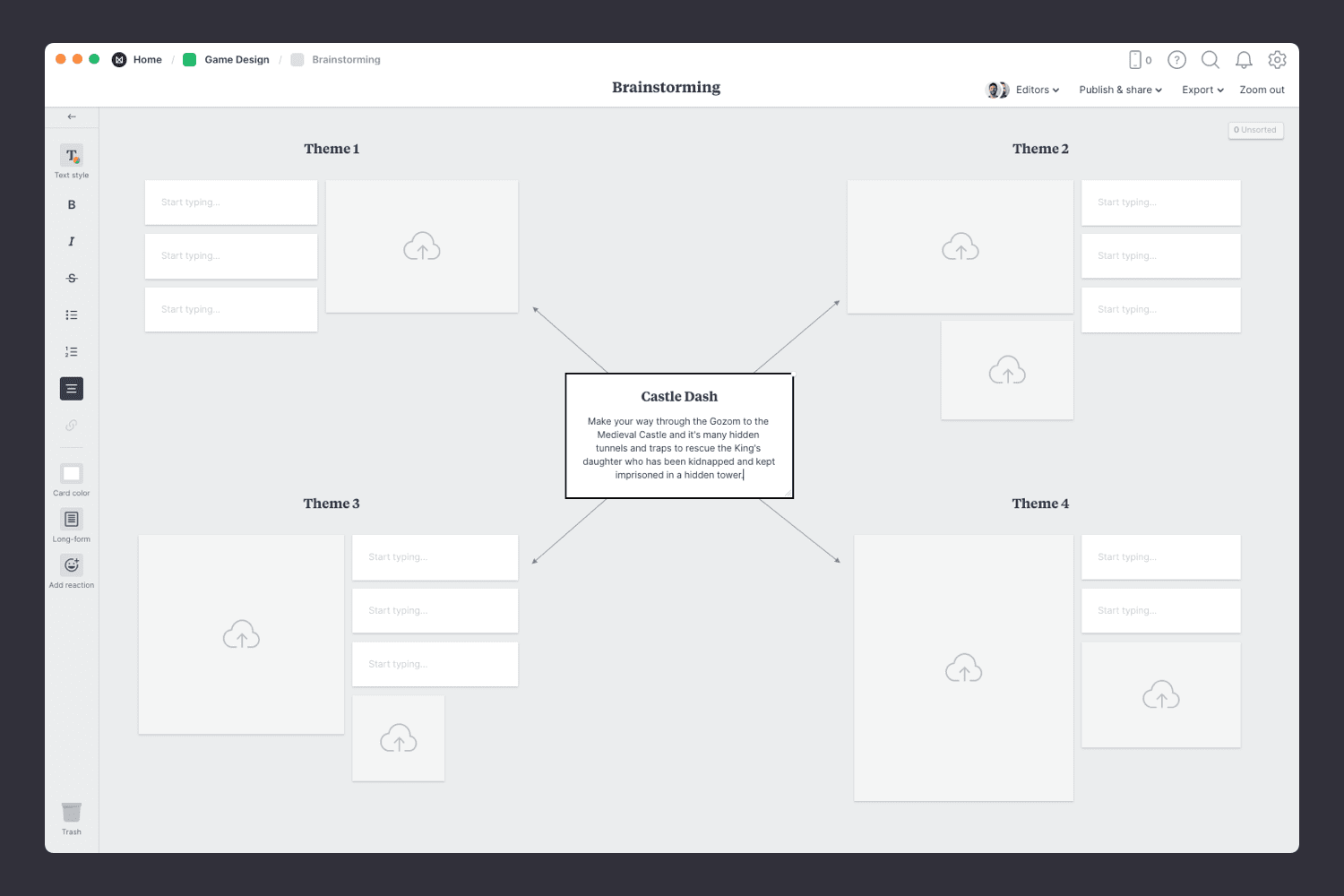 Game design brainstorming template concept