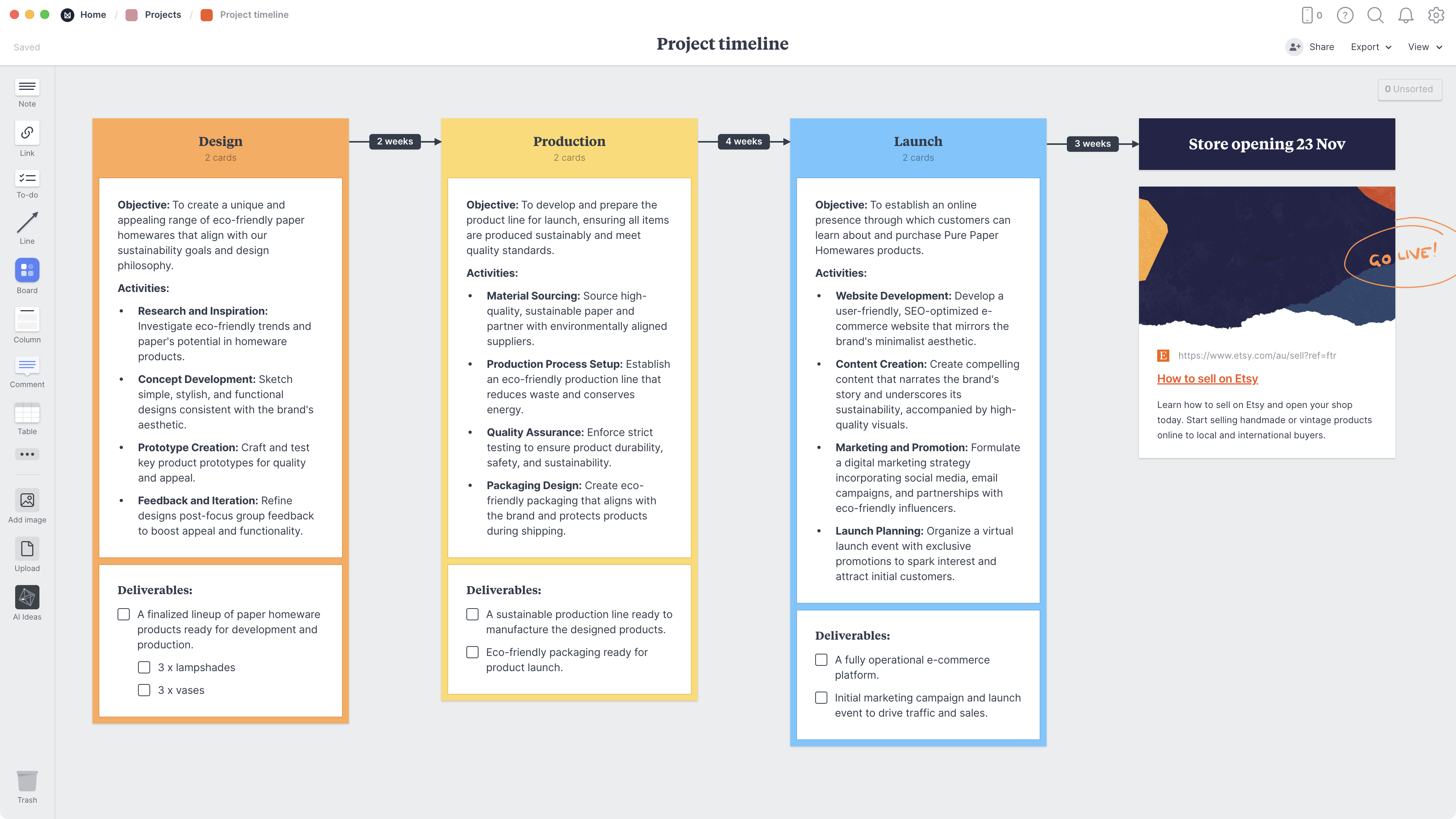 Craft Project Timeline Template, within the Milanote app