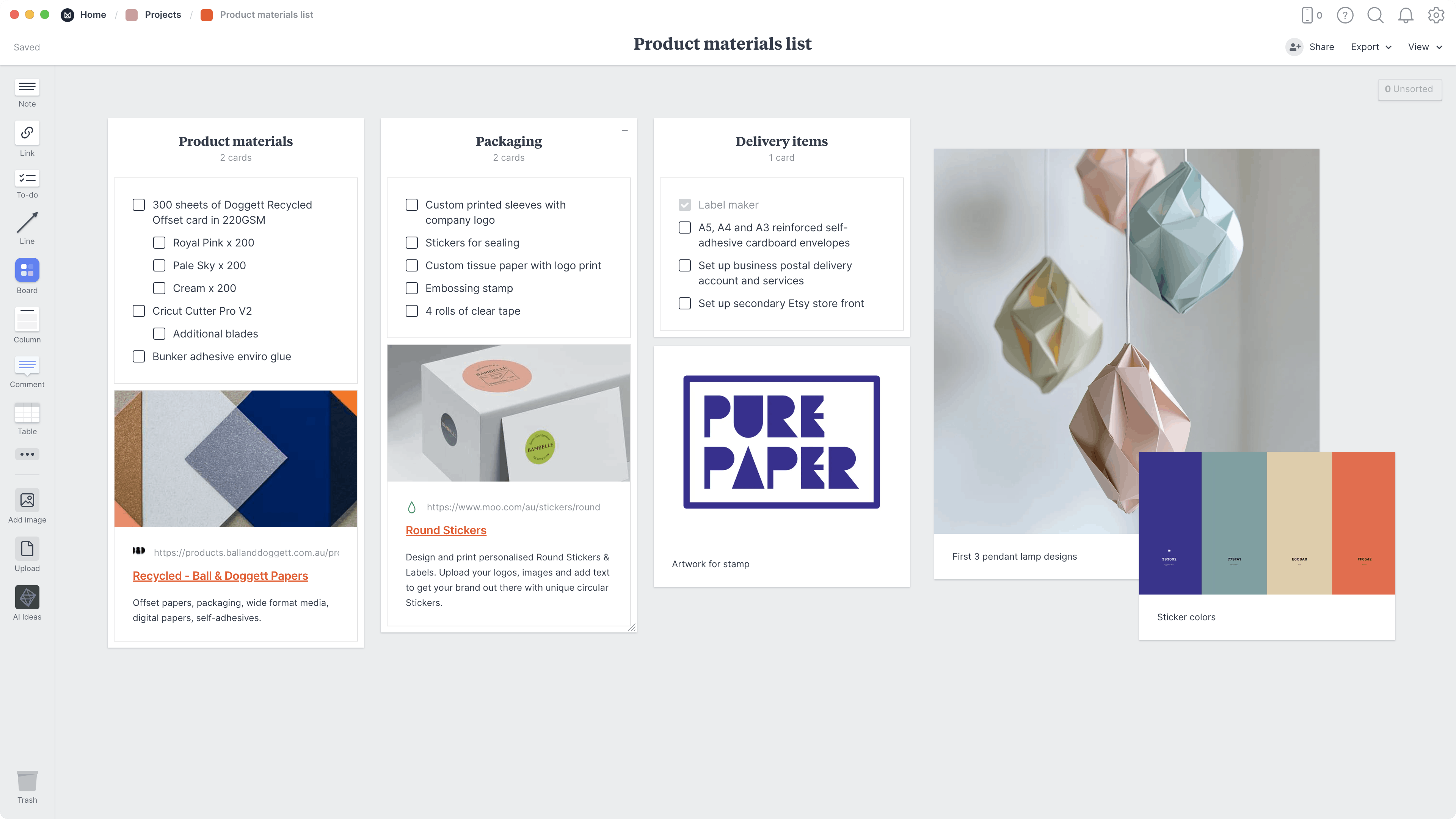Craft Materials List Template, within the Milanote app