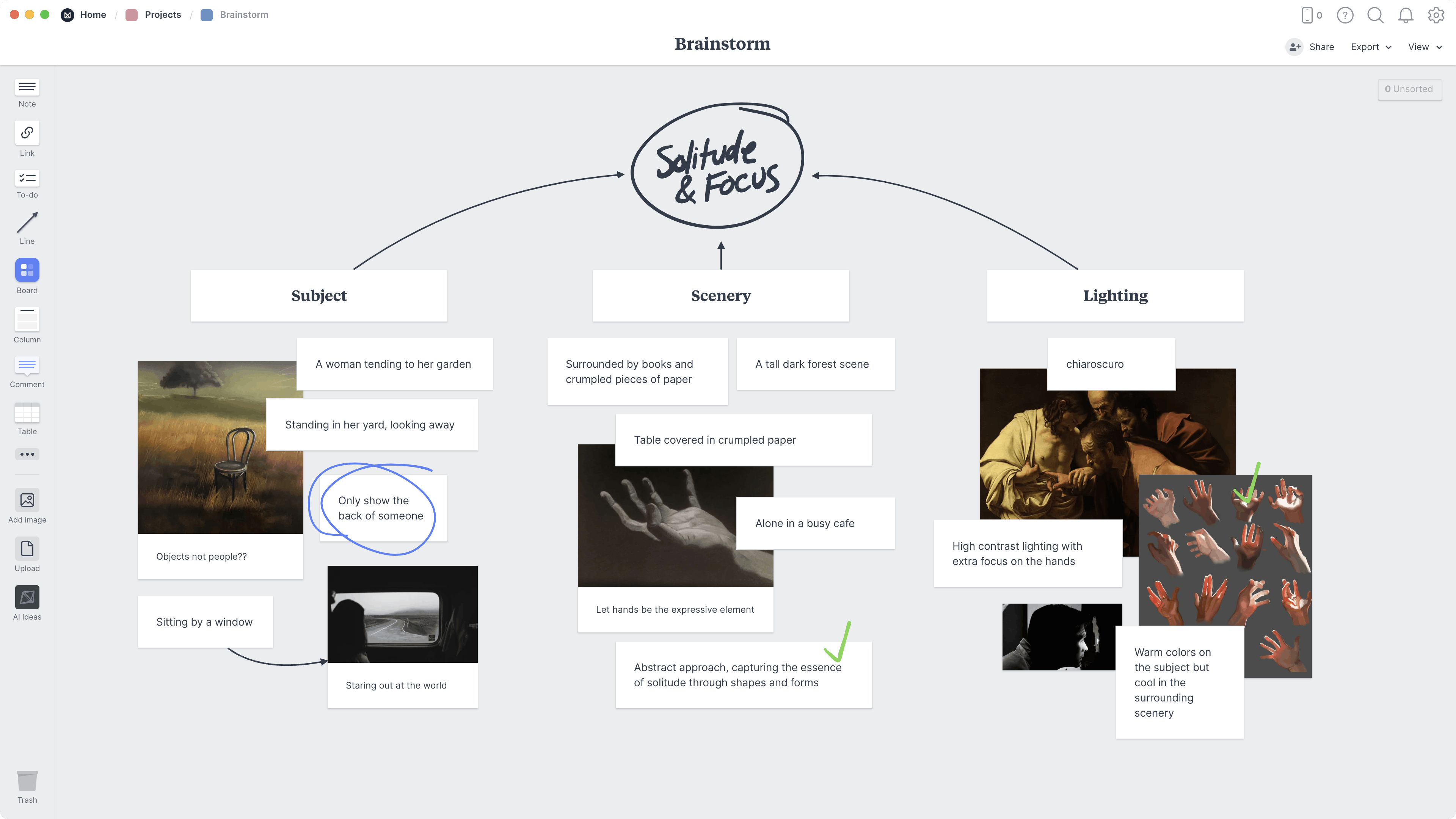 Visual Art Brainstorm Template, within the Milanote app