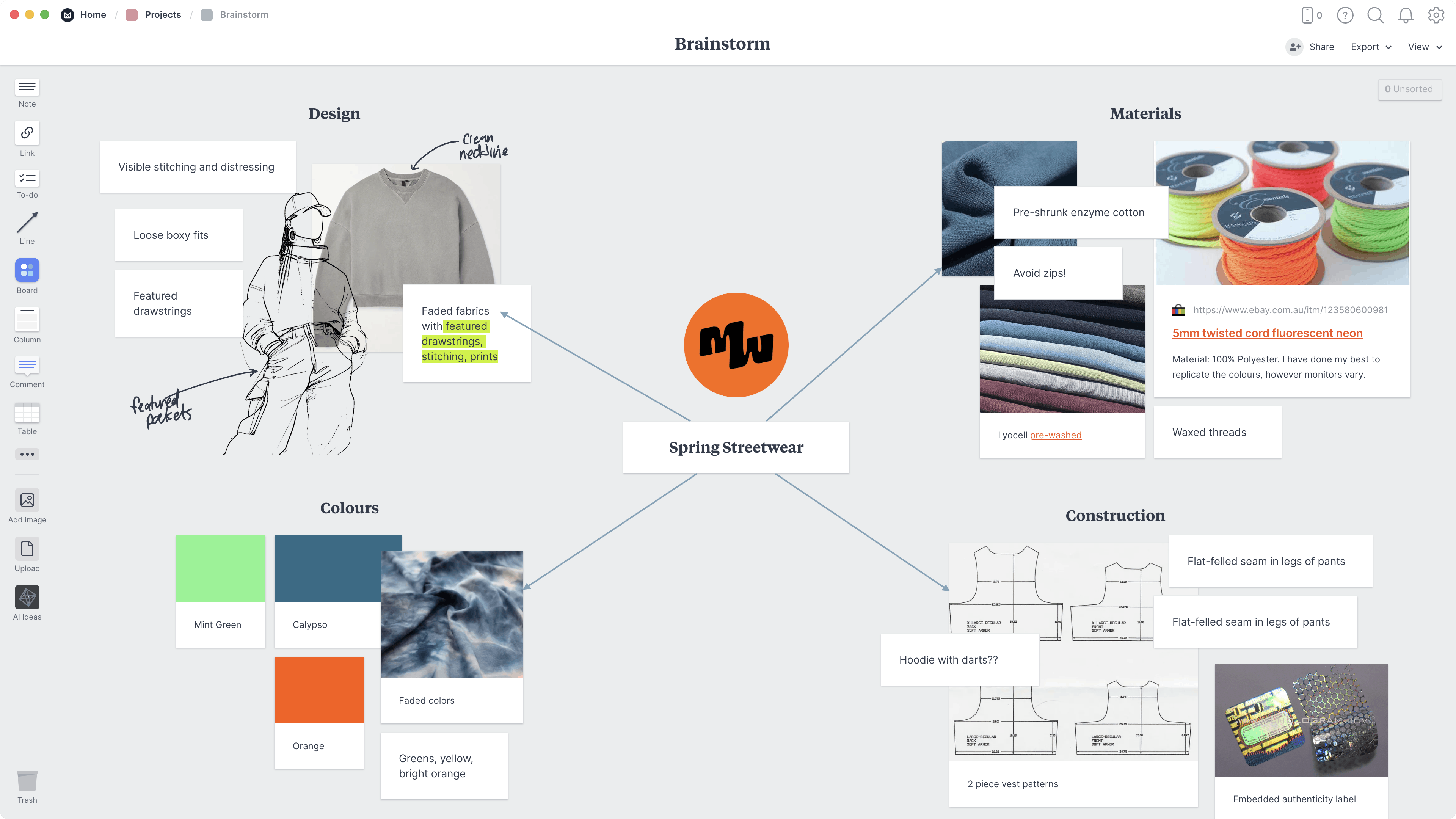 Fashion Brainstorm Template, within the Milanote app