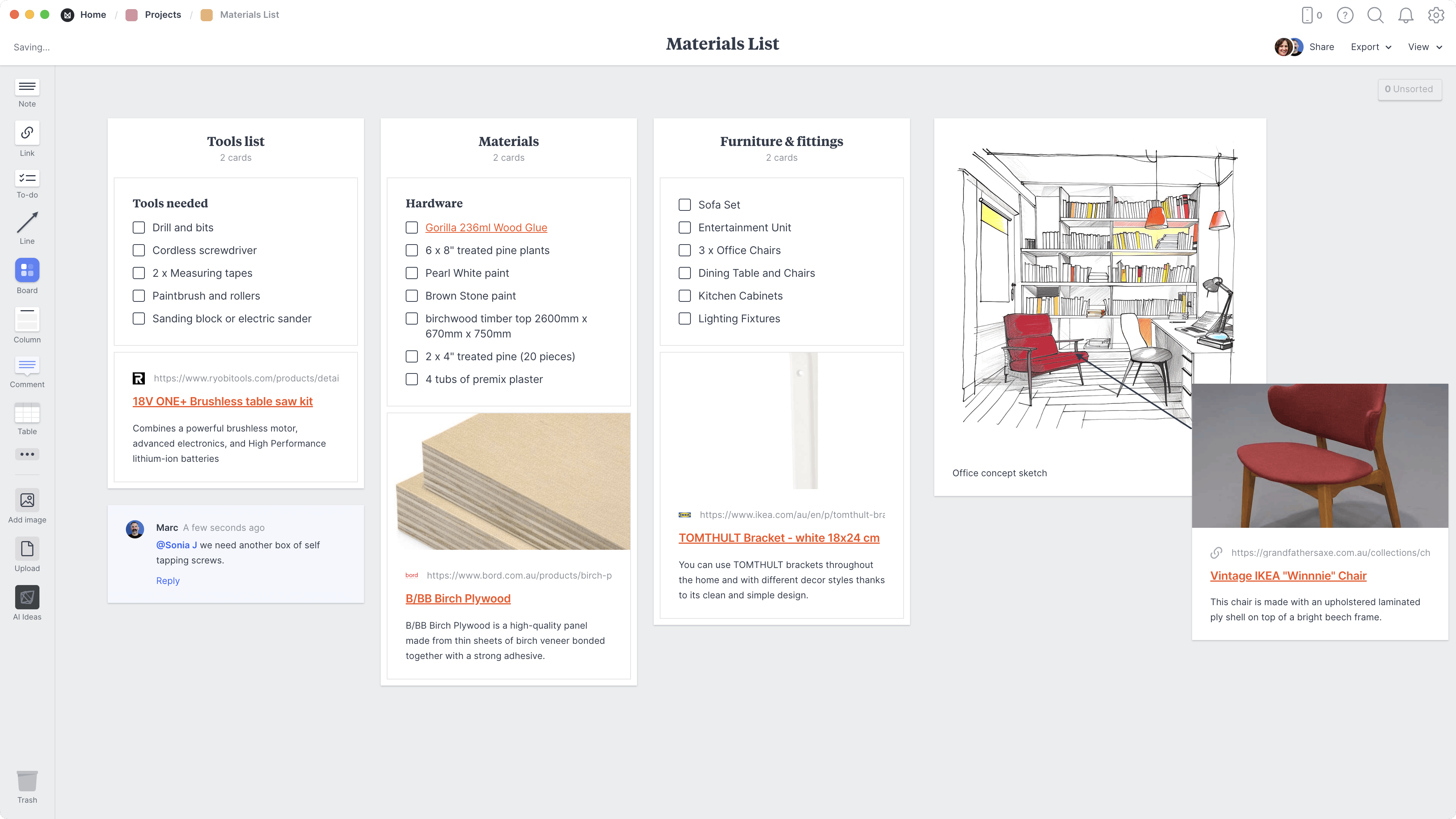 Renovation Materials List Template, within the Milanote app