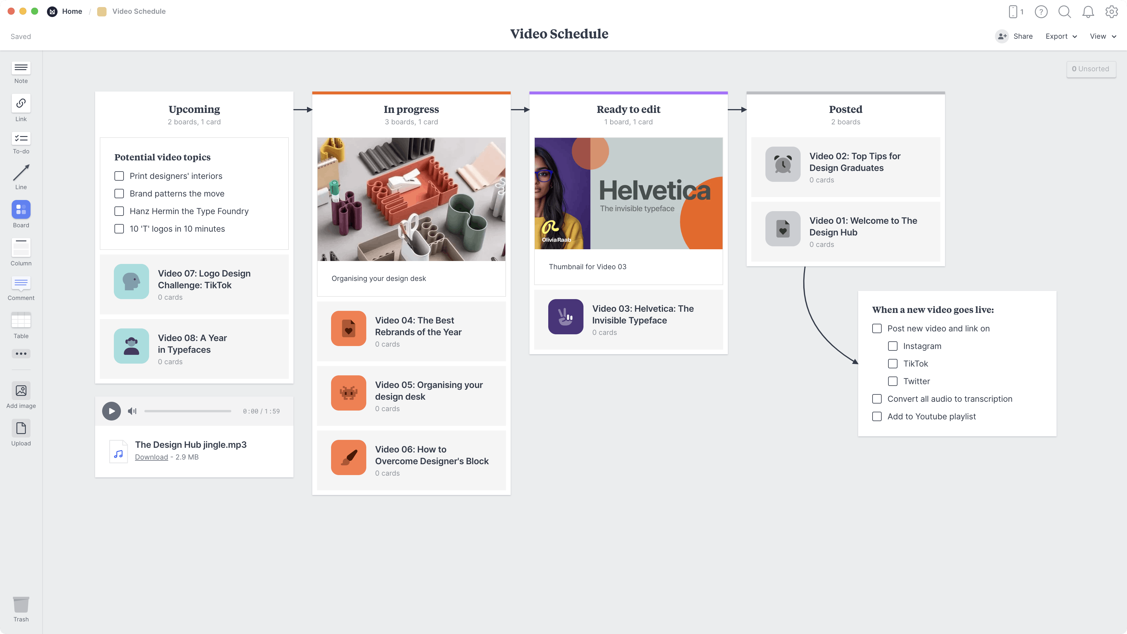 YouTube Video Schedule Template, within the Milanote app