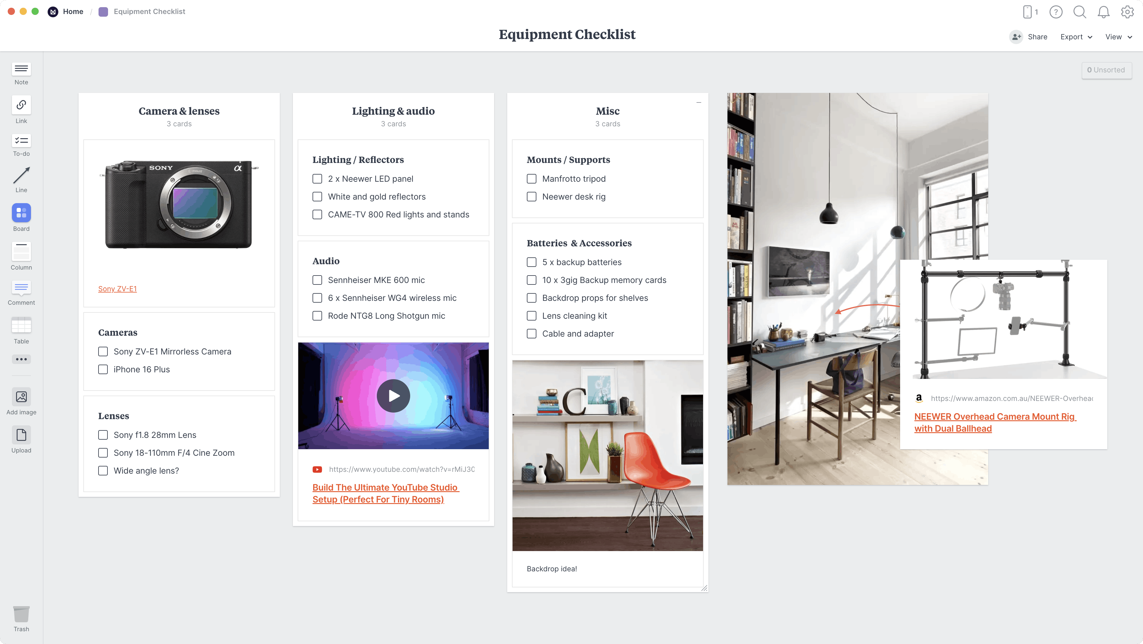 YouTube Equipment Checklist Template, within the Milanote app