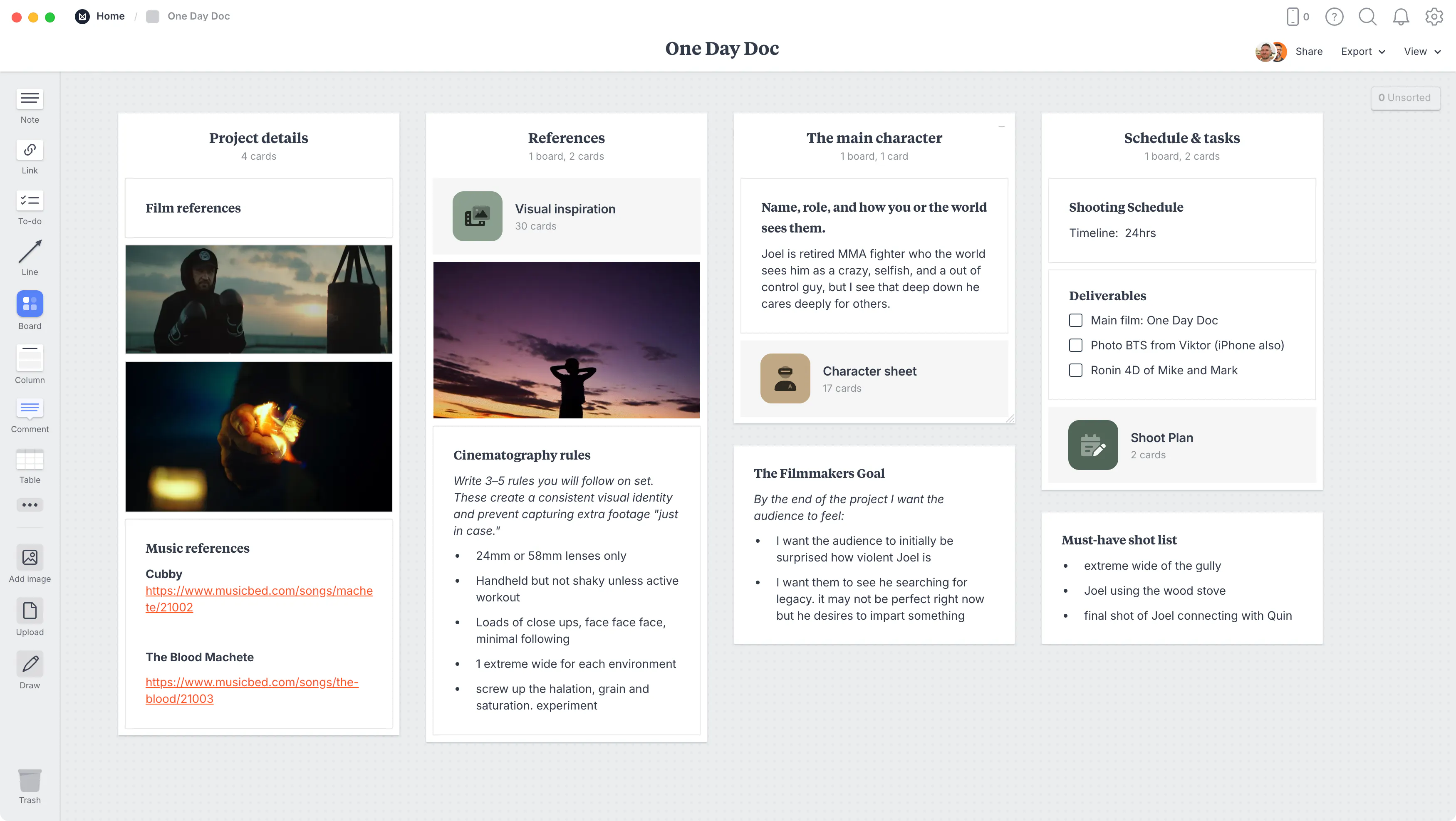 One Day Doc Template, within the Milanote app