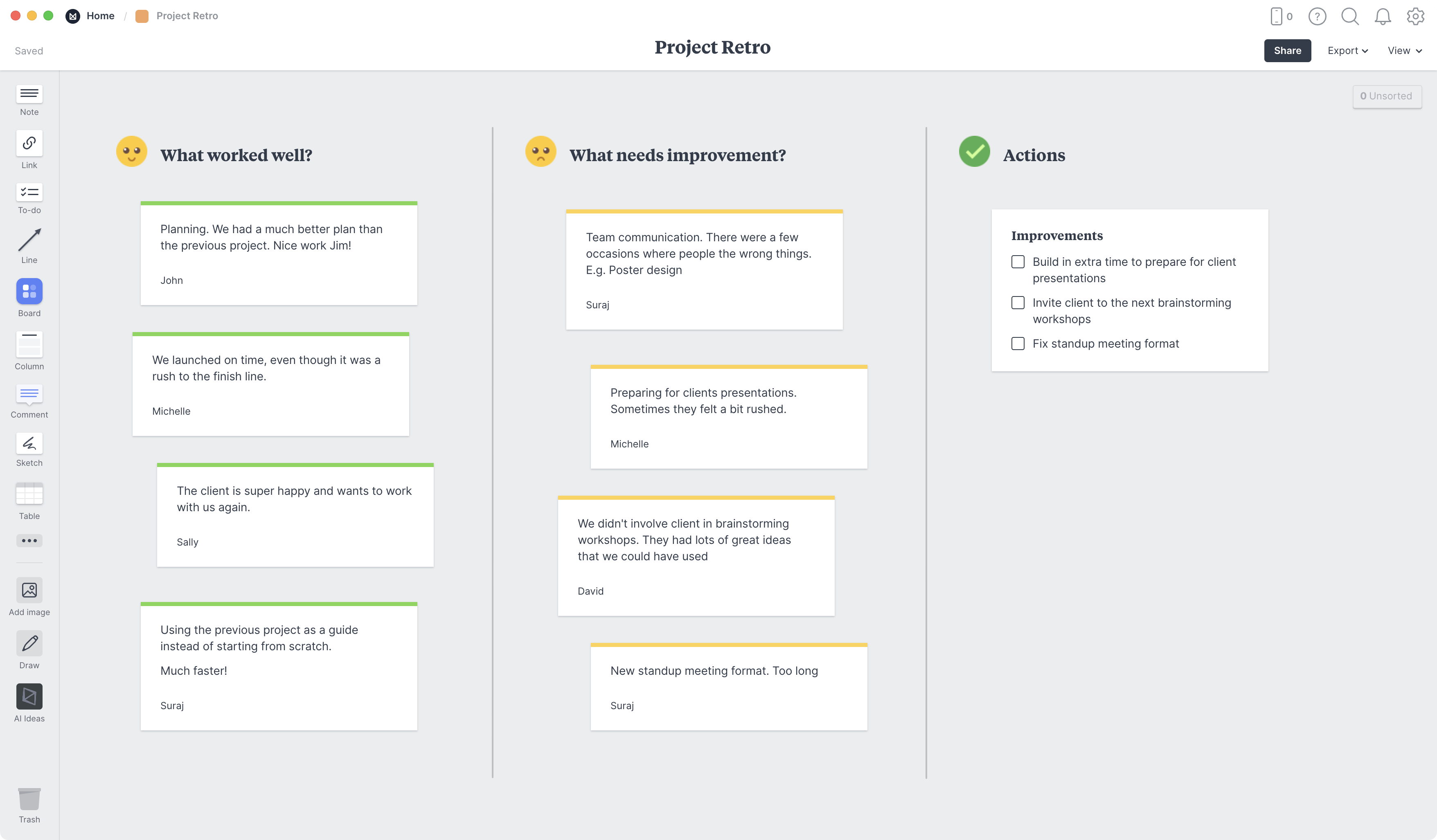Project Retrospective Template, within the Milanote app